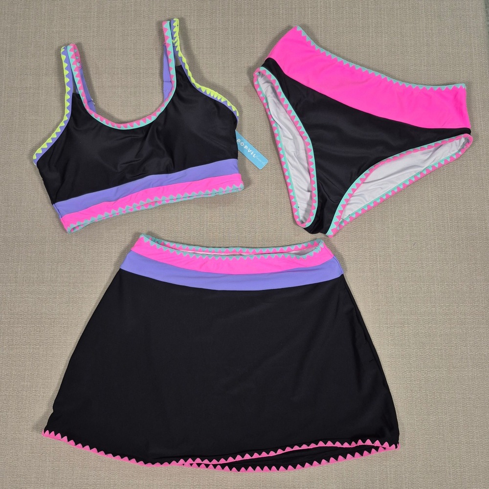 Popvil 3 Piece Tummy Control Swimsuit Set Black Pink Purple Scallop Trim Size M